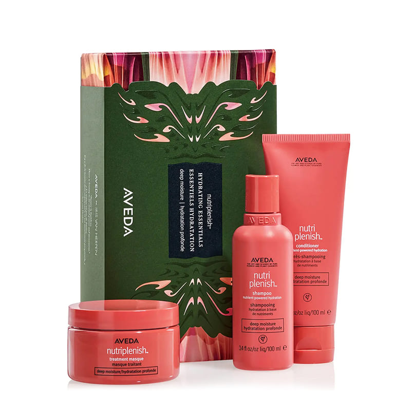 Aveda Nutriplenish Hydrating Essentials Deep Moisture Gift Set | nutrient-powered essentials | Nutriplenish™ Shampoo | Conditioner | Treatment Masque | medium to thick hair types | lavish hydration experience | chic | reusable box | Iris van Herpen-designed
