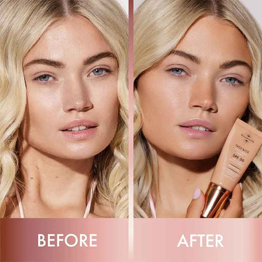 Before-and-after split screen showing a model's face with natural skin on the left and smooth, dewy complexion on the right while holding a tube of facial sunscreen.