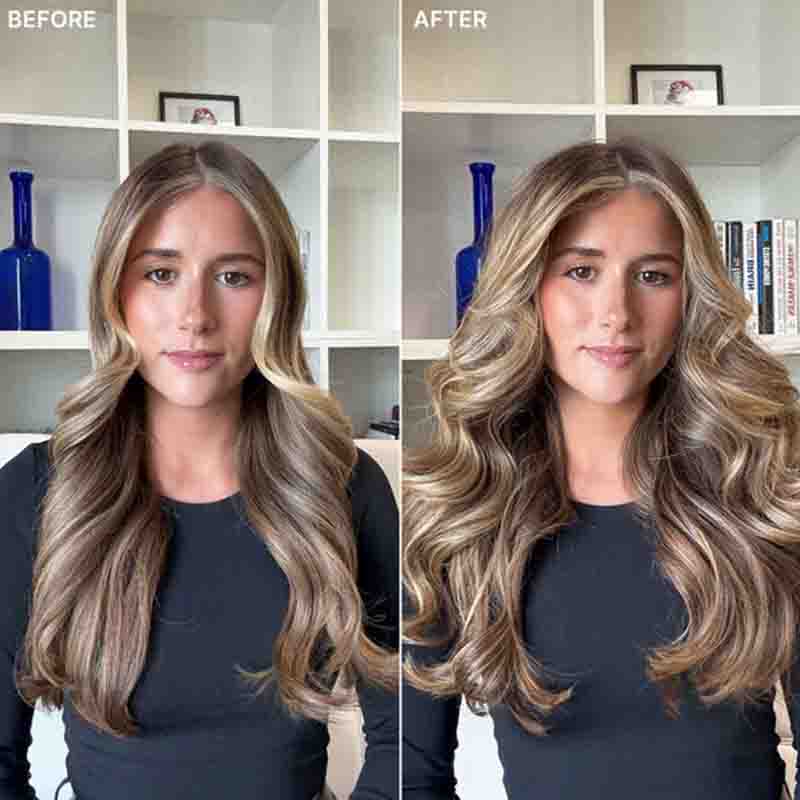 A side-by-side before and after comparison of a woman's hair, showing a highlighted blonde balayage result. The left image is labeled 'BEFORE' and shows medium brown hair with lighter blonde highlights.