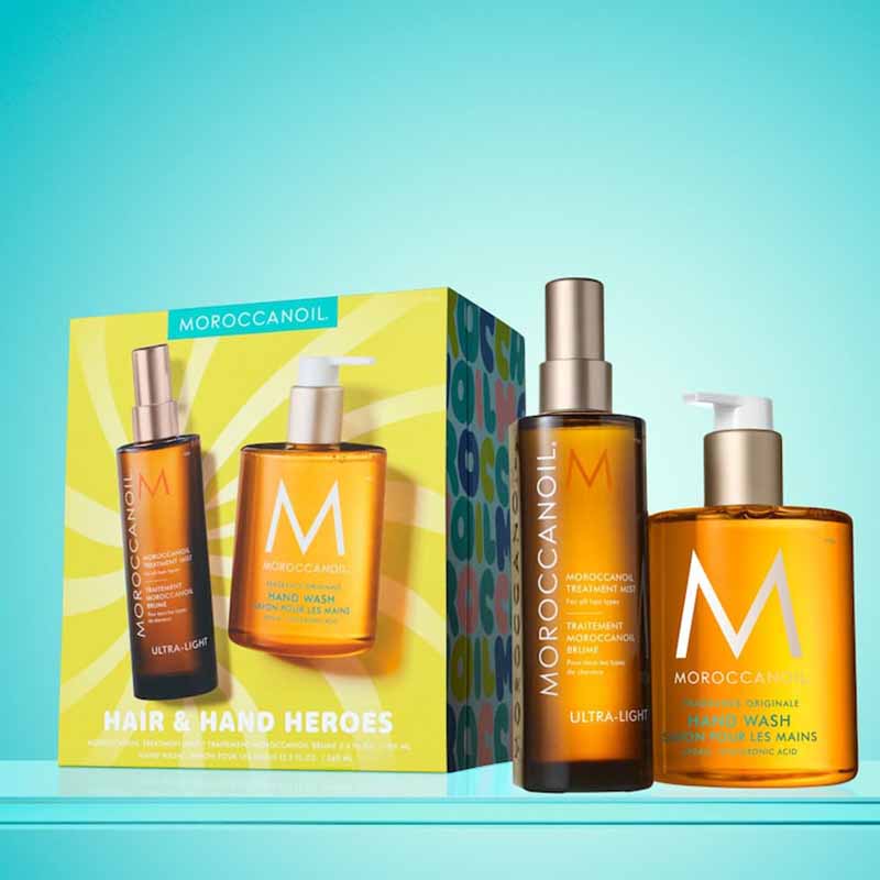 Moroccanoil Hair and Hand Heroes Mist Gift Set Blue background