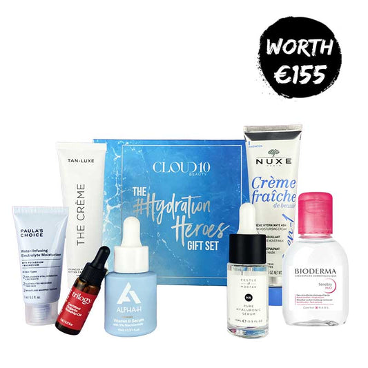 Cloud 10 Beauty The #HydrationHeroes Gift Set | 7 skin plumping treats | Rescues dry or dehydrated skin | Featuring Tan-luxe, Nuxe, Alpha-H & more | Cleanses, repairs & moisturizes | Banishes dry skin blues | Worth €155, now €54.95 | Save over €100