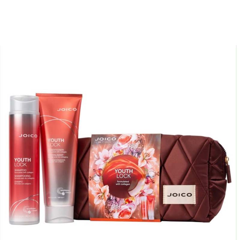 Joico Youth Lock hair care set featuring a red shampoo bottle, a red conditioner tube, a floral-patterned box, and a dark brown quilted zippered pouch with a Joico label, all on a white background.