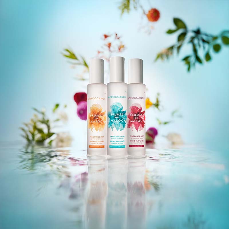 Moroccanoil Brumes du Maroc Dahlia Rouge beside other product scents in the range