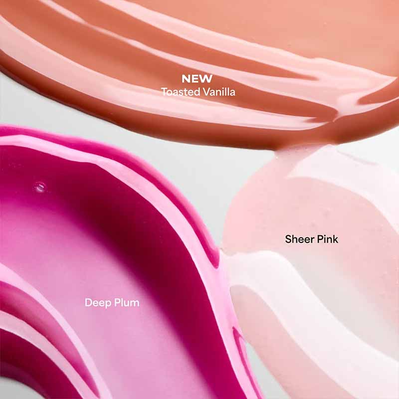 Three glossy cosmetic swatches on a white background labeled 'NEW Toasted Vanilla', 'Deep Plum', and 'Sheer Pink'.