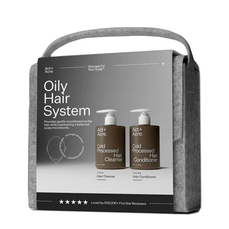 Act+Acre Oily Hair System | Hair Cleanse + Hair Conditioner | Breaks down oil, dirt, pollution | Replenishes nutrients | Supports healthy scalp microbiome | Developed by trichologist | Improves shine & hair health | Ideal for heavy build-up & excess oil