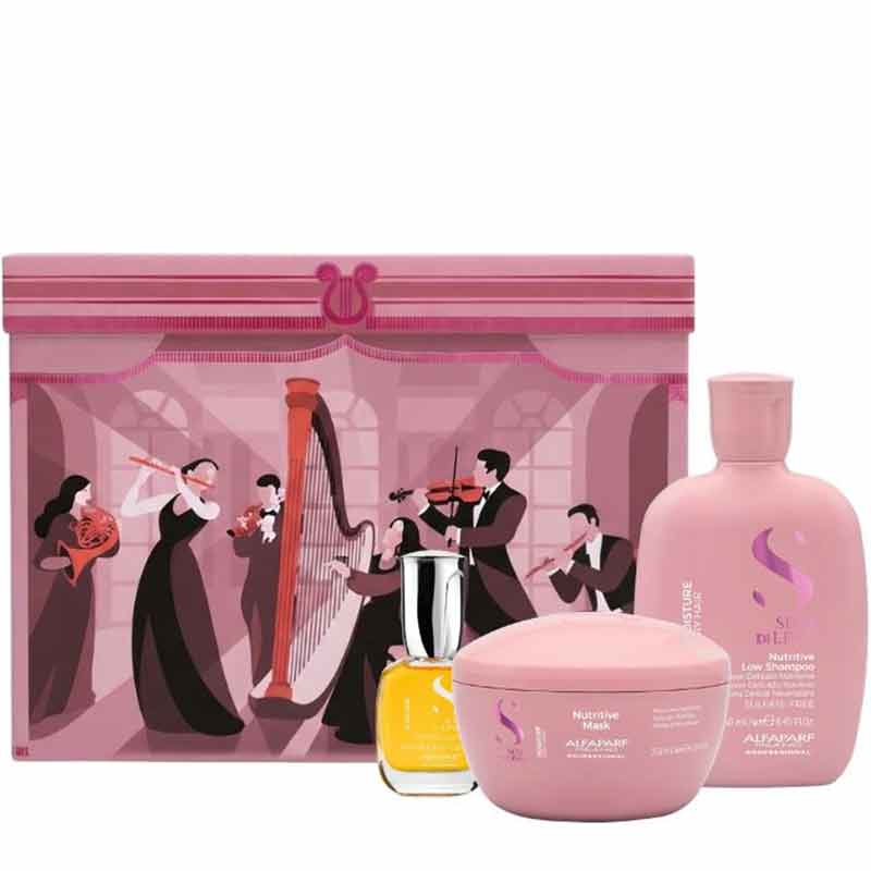 A pink hair care gift set featuring a large illustrated presentation box with musicians, a large pink bottle, a pink jar, and a small yellow bottle, all arranged on a white background.