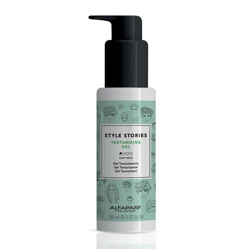 Alfaparf Milano Professional Style Stories Texturizing Gel | passion meets style | create structure | flexibility | natural definition | versatile gel | all hair types | enhances air drying | endless style.