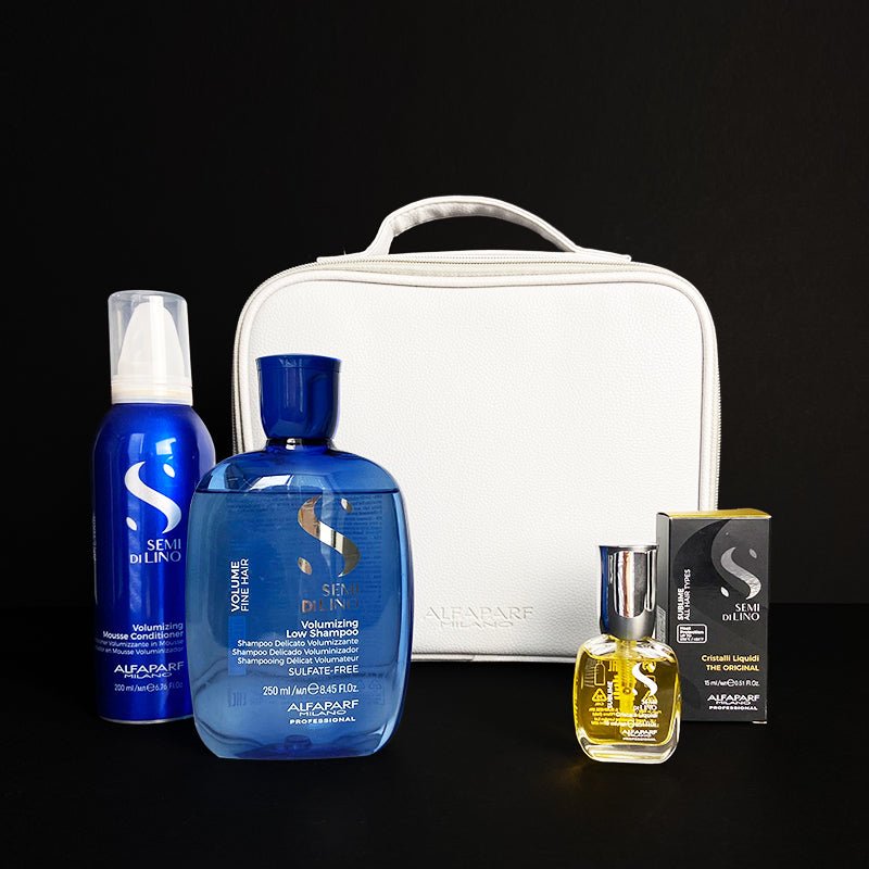 Alfaparf | Volumizing | Gift Set | Semi Di Lino | Volume | Shampoo | Conditioner | travel size | Sublime Crystalli | hydrate | intense volume | fine hair | stronger | fuller | thicker hair | stunning | Alfaparf bag for storing | favourite products