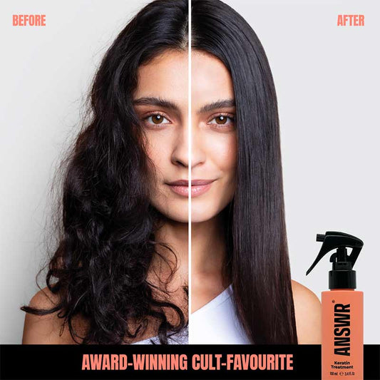 ANSWR At-Home Keratin Treatment | up to three months of frizz-free hair | vegan | cruelty-free | formaldehyde-free | sulfate-free | paraben-free | silicone-free | salon-quality results.
