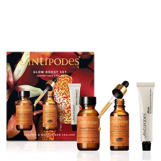 Antipodes Glow Boost Gift Set | Natural, organic, and eco-conscious skincare | Nourishes, rejuvenates, and enhances complexion | Cruelty-free, conscious choice | Promotes natural beauty and vitality.