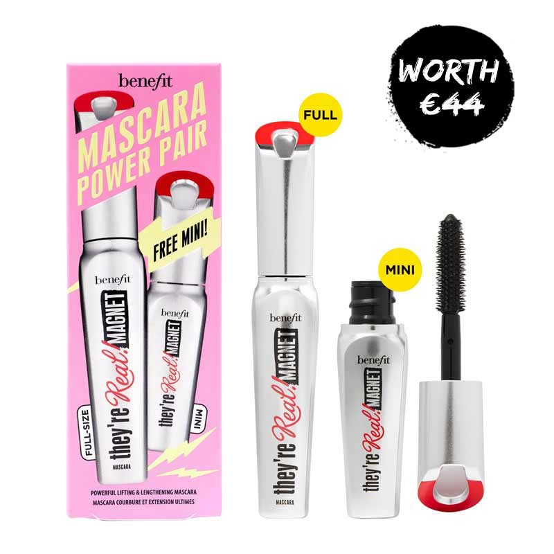 Benefit Cosmetics Mascara Power Pair | duo | full-size | FREE mini | They’re Real! Magnet mascara | elevate your lashes | incredible value set | lackluster lashes | power move | eyes