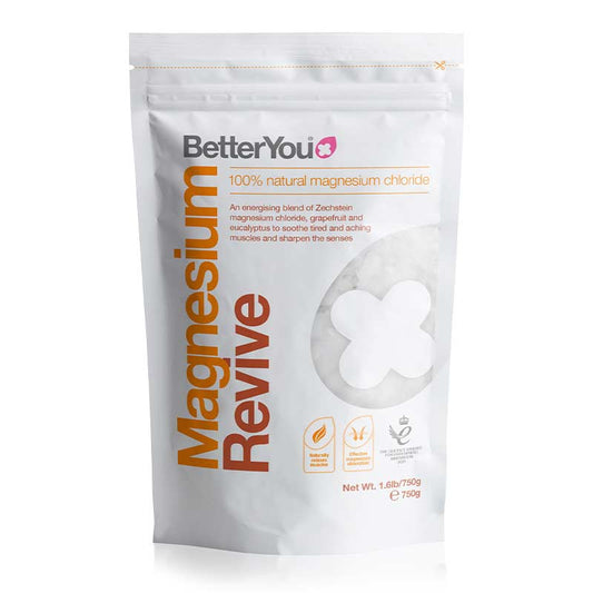 Better You Revive Magnesium Flakes are bath salts that provide a replenishing bathing experience as the blend of magnesium, grapefruit and eucalyptus renews your senses and leaves your body and skin feeling rejuvenated and restored.