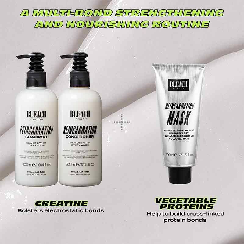 Bleach London Reincarnation Conditioner | innovative | conditioner | repairs | broken | creatine-rich | formula | fortified | microproteins | amino acids | dry | brittle | hair | nourishing | strands | hydration | conditioning | agents | daily use | intensely | reparative | work | strengthen | fibre | nourishing | hair | care | works | soften | hydrate