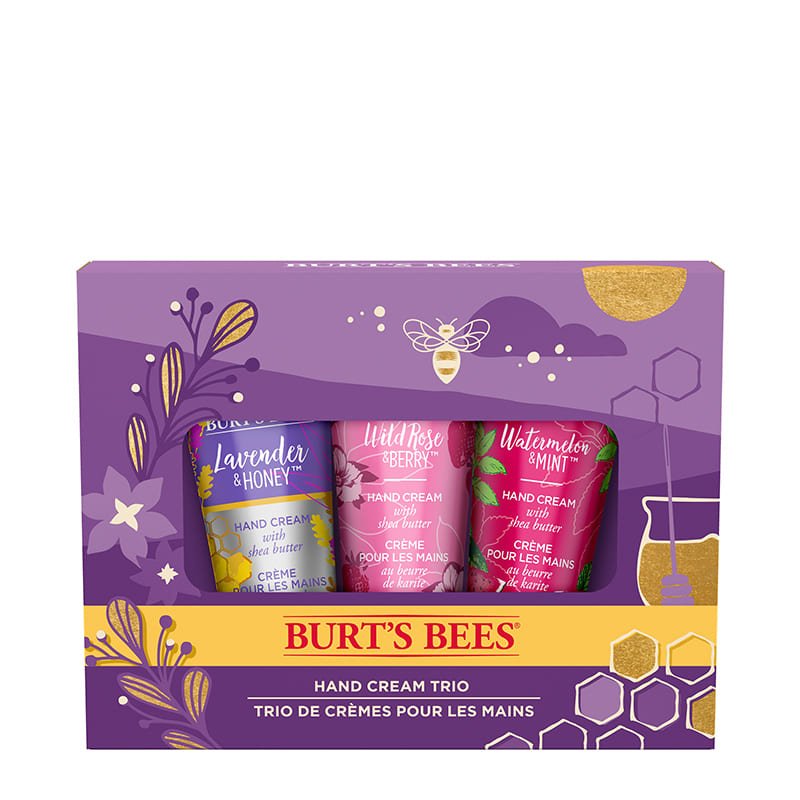 Burt's Bees | Hand Cream Trio Gift Set | naturally nourishing | hard-working hands | Lavender & Honey | Wild Rose & Berry | Watermelon & Mint | soft hands | blissfully fragrant.