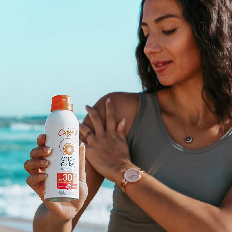 Calypso | Once A Day | SPF 30 | quick drying | long lasting | 8 hour | sun protection | applying | complete protection | UVA | UVB | protection | water resistant | spray | non-greasy | 12 hours | single application | once a day