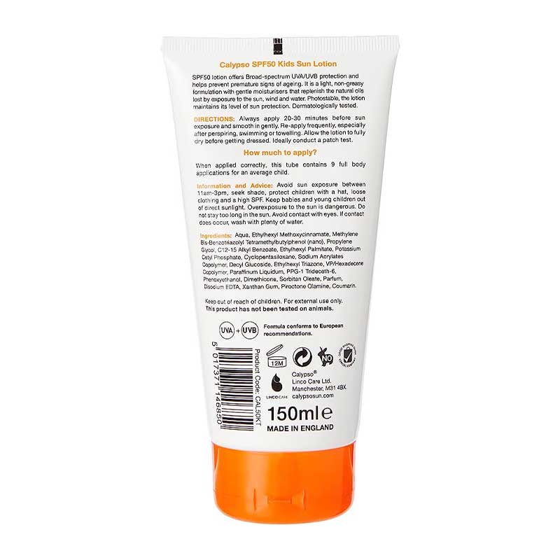 Calypso | Sun Lotion | Kids | SPF 50 | developed | protection | kids | sun lotion | UVA | UVB | protection | gentle skin | moisturizers | hypoallergenic | ingredients | formula | care | sensitive skin | non-greasy formula | absorbs | skin | light feel