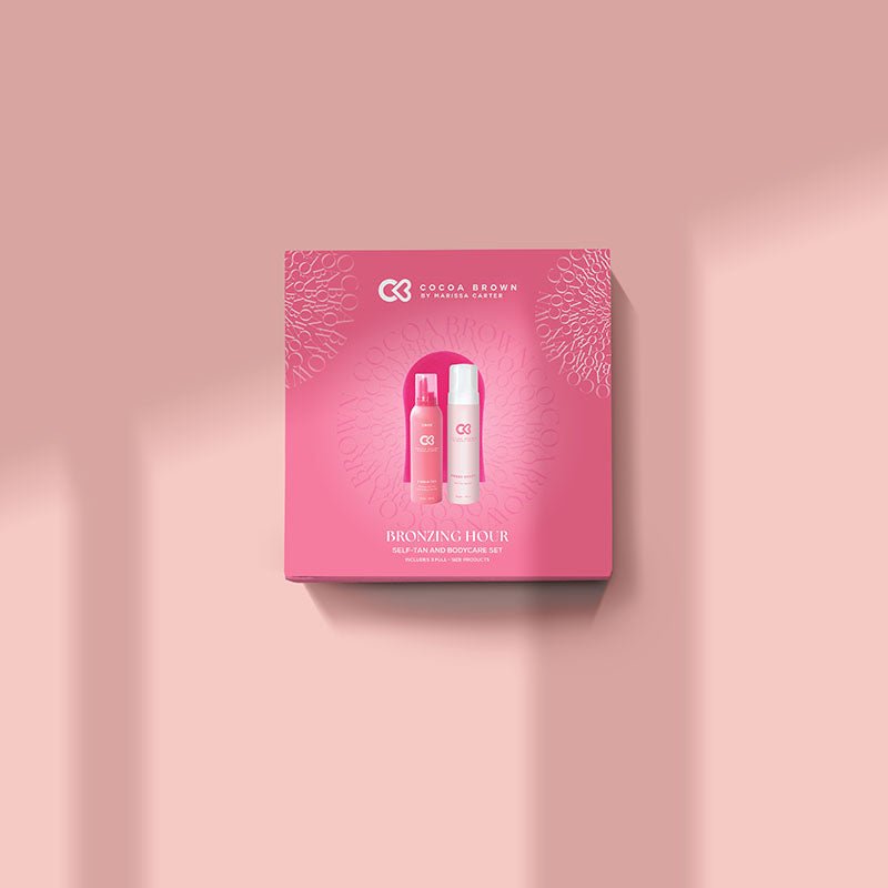 Cocoa Brown Bronzing Hour Self Tan Gift Set Pale Pink Background