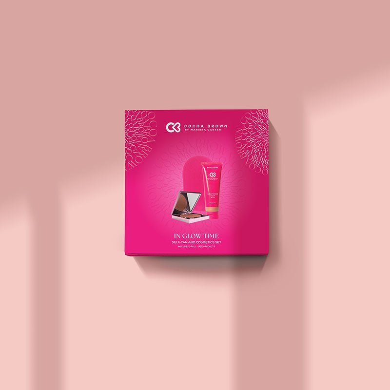 Cocoa Brown In Glow Time Self Tan Gift Set Pale Pink Background