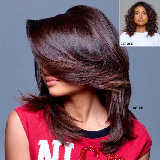 A woman with a layered, shoulder-length dark brown wig or hairpiece shown against a plain blue-gray background, with a small inset labeled BEFORE and AFTER in the top right. The main subject is the hair product, and the inset demonstrates the look before and after styling or application.