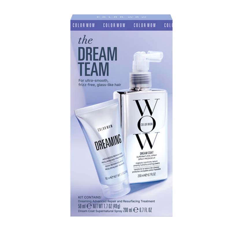 Color Wow Dream Team hair care kit in its original packaging, featuring a light purple box with a white spray bottle and a white treatment tube.