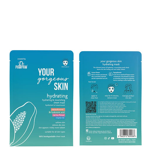 Dr Paw Paw Your Gorgeous Skin Hydrating Sheet Mask | ultimate hydration solution | radiant | soft | deeply moisturized complexion | biodegradable sheet mask | suitable for all skin types.