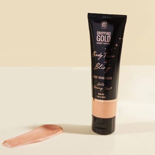 Dripping Gold | Body Tune | Bling | Body Highlighter | wash-off | illuminating | highlighter | travel-friendly | bottle | blendable | formula | champagne | gold | pink | face | body