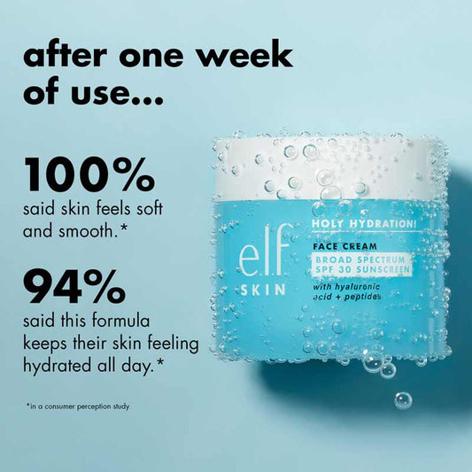 e.l.f. | Holy Hydration! | Face Cream | SPF 30 | lightweight | nourishment | broad-spectrum | hyaluronic acid | niacinamide | peptides | daily moisturizer | all skin types | soft | smooth | plump | non-greasy | base for makeup | vegan | cruelty-free | sulfate-free | paraben-free