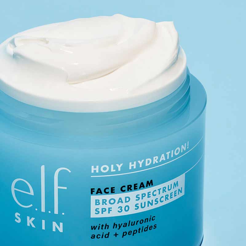 e.l.f. | Holy Hydration! | Face Cream | SPF 30 | lightweight | nourishment | broad-spectrum | hyaluronic acid | niacinamide | peptides | daily moisturizer | all skin types | soft | smooth | plump | non-greasy | base for makeup | vegan | cruelty-free | sulfate-free | paraben-free
