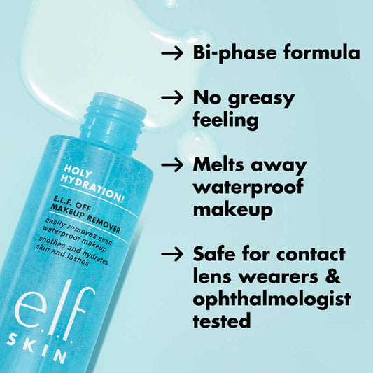 e.l.f Skin Holy Hydration! e.l.f. Off Makeup Remover | gentle bi-phase formula | effectively removes waterproof makeup | hydrates and nourishes skin | clean and refreshed feeling