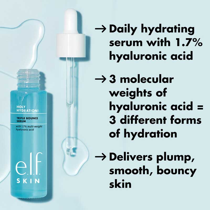 e.l.f Skin Holy Hydration! Triple Bounce Serum | formulated with three molecular weights of hyaluronic acid | provides intense hydration | bouncy gel texture | leaves skin hydrated, smooth, and radiant