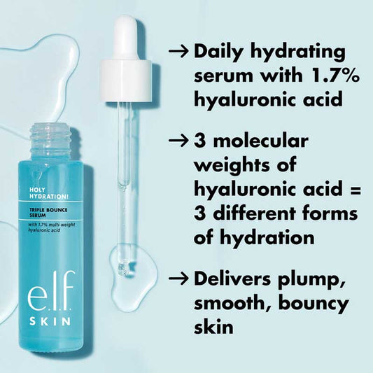 e.l.f Skin Holy Hydration! Triple Bounce Serum | formulated with three molecular weights of hyaluronic acid | provides intense hydration | bouncy gel texture | leaves skin hydrated, smooth, and radiant