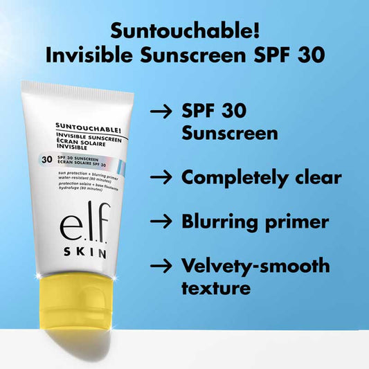e.l.f Skin Suntouchable! Invisible Sunscreen SPF 30 | clear sunscreen and makeup primer | lightweight | velvety feel | broad-spectrum protection | blurs imperfections | smooth, matte finish