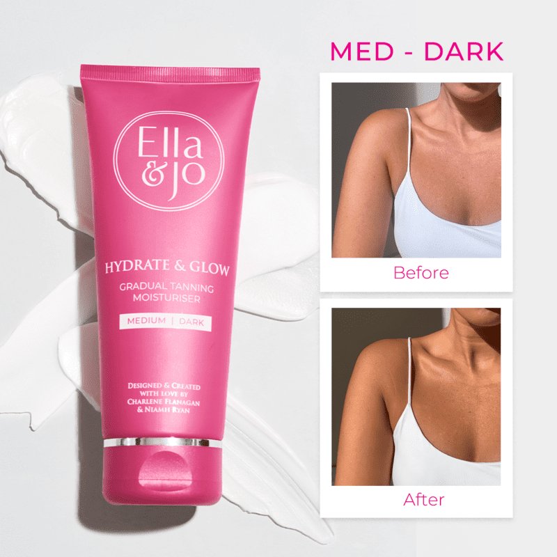 Ella & Jo | Hydrate & Glow Gradual Moisturiser | hydration | bronzing brilliance | transform skin appearance | Glycerin | Hyaluronic Acid | Squalane | gradual tanning moisturiser | radiant bronzed look | moisturised skin | rejuvenated skin | body skincare routine