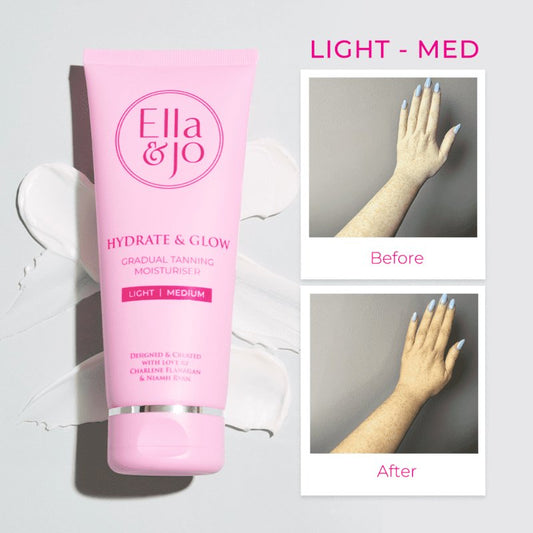 Ella & Jo | Hydrate & Glow Gradual Moisturiser | hydration | bronzing brilliance | transform skin appearance | Glycerin | Hyaluronic Acid | Squalane | gradual tanning moisturiser | radiant bronzed look | moisturised skin | rejuvenated skin | body skincare routine
