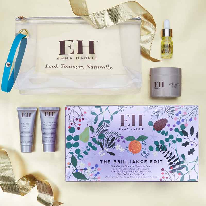 Emma Hardie | The Brilliance Edit | gift set | skincare lovers | five skincare essentials | travel-friendly | minis | best-selling | Moringa Balm | dual-action | cleansing cloth | stylish cosmetics bag | on-the-go skincare | gift | self-care | treat