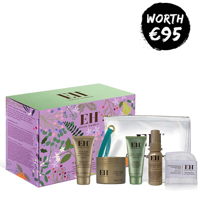 Emma Hardie | The Midas Edit | Skincare Essentials | Travel-Friendly Minis | Best-Selling Moringa Balm | Midas Touch Revitalizing Cream | Plump & Glow Hydrating Face Mist | Moringa Renewal Treatment Mask | Dual-Action Cleansing Cloth | Chic Cosmetics Bag | On-the-Go Pampering
