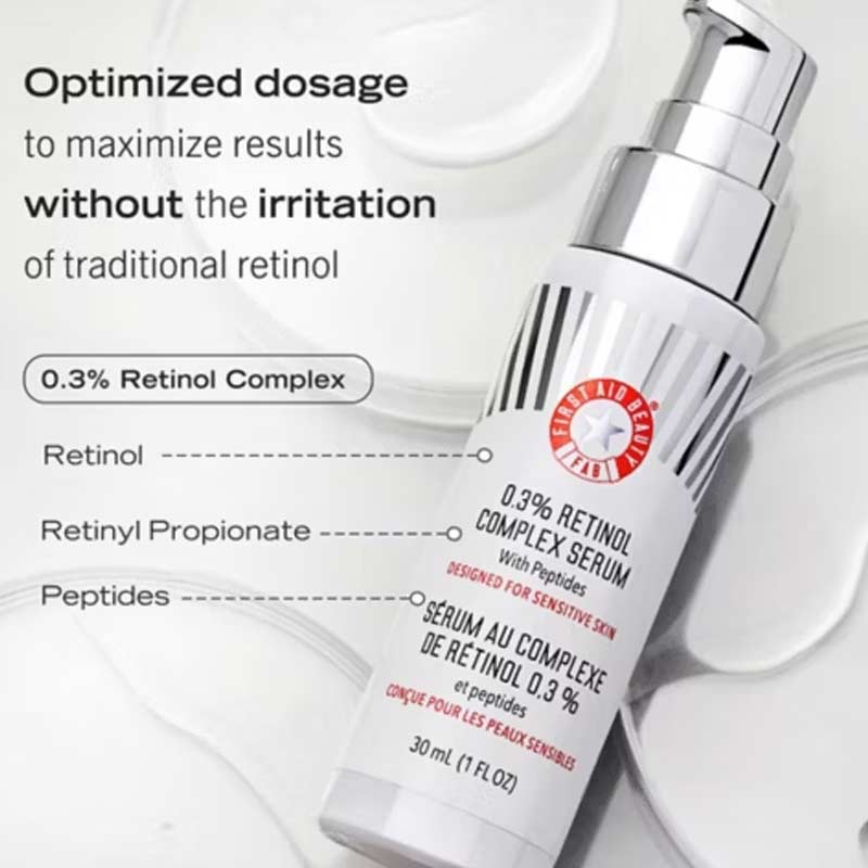 First Aid Beauty | 0.3% Retinol Complex Serum | Peptides | retinol serum | sensitive skin | improves lines and wrinkles | less irritation | skin-transforming serum | Retinol | Retinyl Propionate | optimised dosage | 24-hour hydration | amazing results | Peptides strengthen barrier | deep absorption | aids skin cell turnover | smoother skin | firmer skin | youthful look