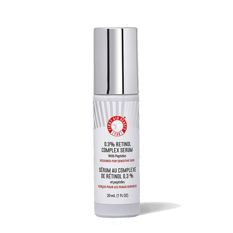 First Aid Beauty | 0.3% Retinol Complex Serum | Peptides | retinol serum | sensitive skin | improves lines and wrinkles | less irritation | skin-transforming serum | Retinol | Retinyl Propionate | optimised dosage | 24-hour hydration | amazing results | Peptides strengthen barrier | deep absorption | aids skin cell turnover | smoother skin | firmer skin | youthful look