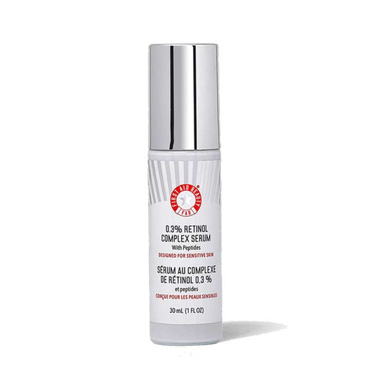 First Aid Beauty | 0.3% Retinol Complex Serum | Peptides | retinol serum | sensitive skin | improves lines and wrinkles | less irritation | skin-transforming serum | Retinol | Retinyl Propionate | optimised dosage | 24-hour hydration | amazing results | Peptides strengthen barrier | deep absorption | aids skin cell turnover | smoother skin | firmer skin | youthful look