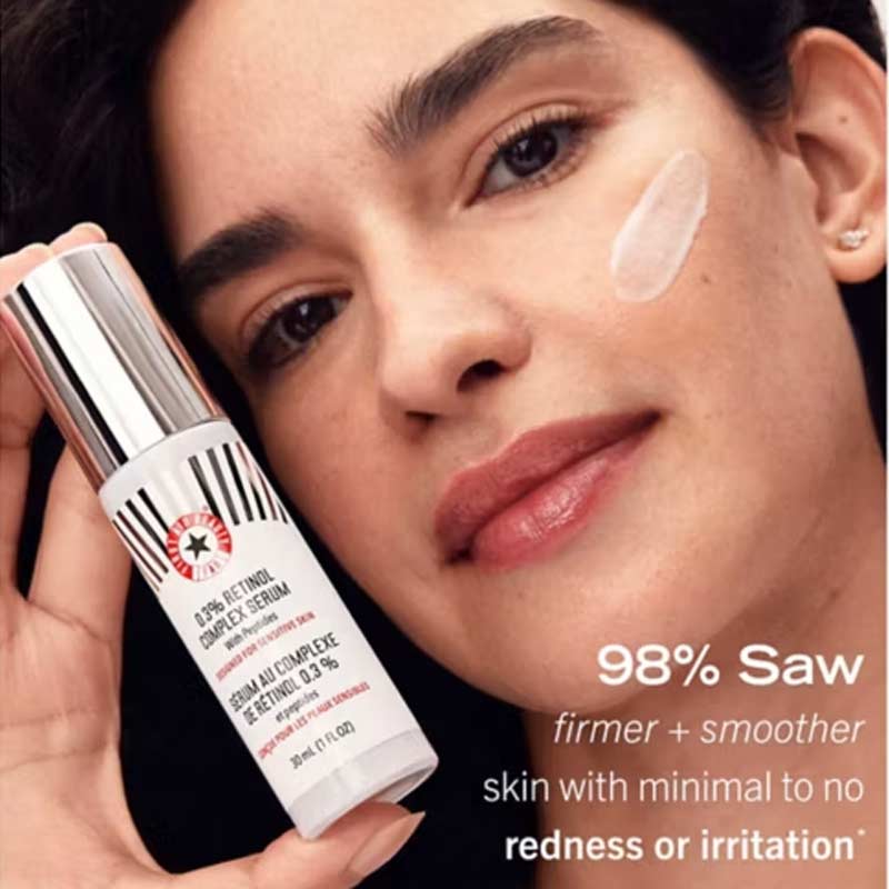 First Aid Beauty | 0.3% Retinol Complex Serum | Peptides | retinol serum | sensitive skin | improves lines and wrinkles | less irritation | skin-transforming serum | Retinol | Retinyl Propionate | optimised dosage | 24-hour hydration | amazing results | Peptides strengthen barrier | deep absorption | aids skin cell turnover | smoother skin | firmer skin | youthful look