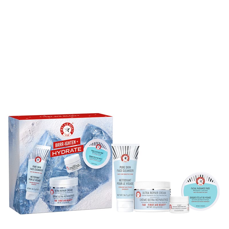 First Aid Beauty | BRRRIGHTEN + Hydrate | Gift Set | 4 piece Skin Essentials | Kit | sensitive skin | complete facial skincare routine | cleansing | brightening | hydration | fragrance-free | Cleanser | exfoliating | Facial Radiance Pads | Glycolic | Lactic | Acids | nourishing | Ultra Repair Cream | illuminating | Eye Duty | Niacinamide | Brightening Cream
