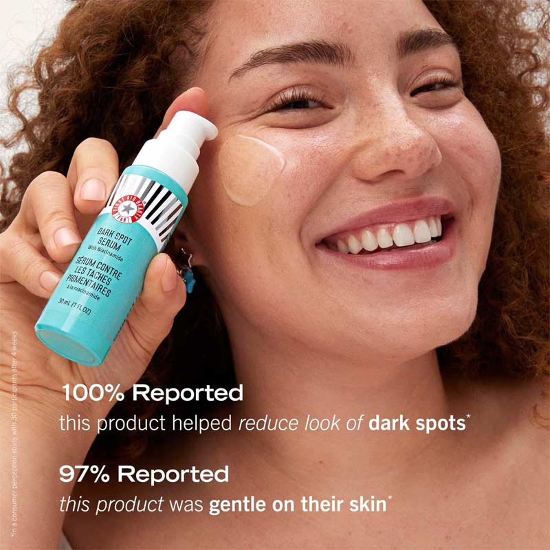 First Aid Beauty | Dark Spot Serum | Niacinamide | hydrating serum | targets dark spots | reduces sunspots | reduces hyperpigmentation | reduces discolouration | reduces post-acne marks | brighter skin tone | even skin tone | gentle formula | improves skin tone | smooth skin | healthy-looking skin