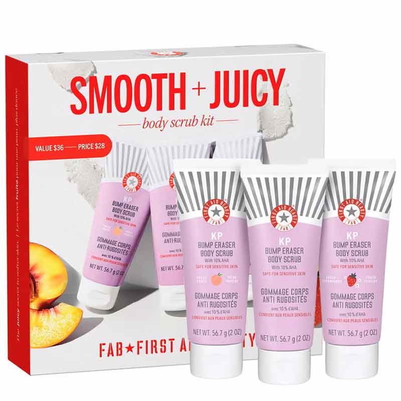 First Aid Beauty Smooth + Juicy KP Bump Eraser Body Scrub Kit Box With Products