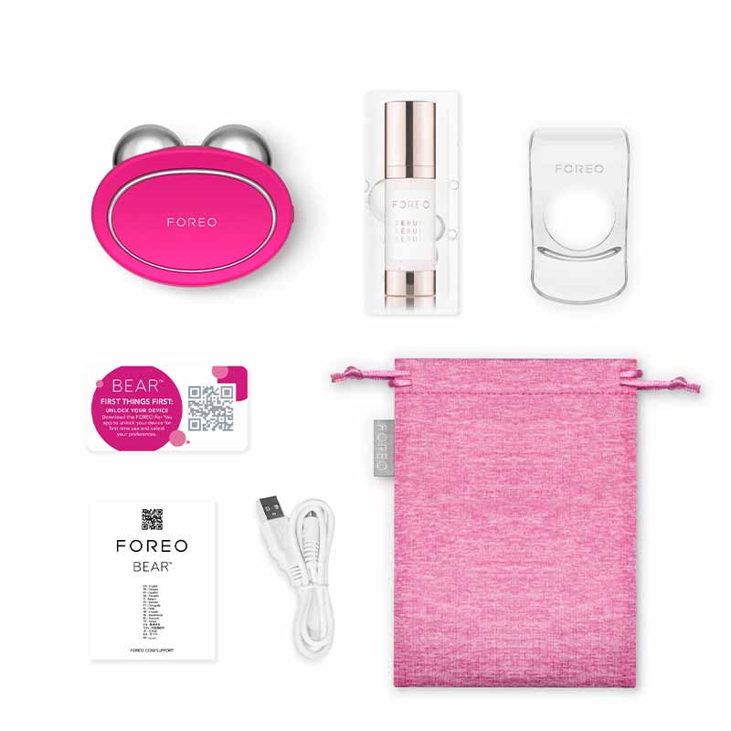 Foreo Bear | microcurrent | toning device | Anti-Shock System™ | full facial | workout | 2 minutes | clinically proven | effective | facial device | market | gently stimulating | firming | 69 muscles | face | neck | appearance | aging | clinical results | science-backed | technologies | professional | facelift treatment | home | mint | fuschia | stand | serum | glide | jawline | cheekbone | forehead | light pressure