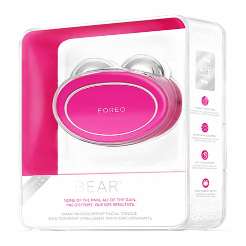 Foreo Bear | microcurrent | toning device | Anti-Shock System™ | full facial | workout | 2 minutes | clinically proven | effective | facial device | market | gently stimulating | firming | 69 muscles | face | neck | appearance | aging | clinical results | science-backed | technologies | professional | facelift treatment | home | mint | fuschia | stand | serum | glide | jawline | cheekbone | forehead | light pressure