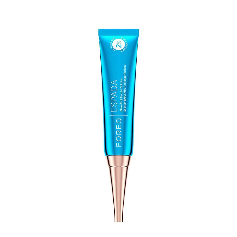 foreo | espada | BHA | PHA | blemish solution | lightweight | concentrated gel | | quickly targets | blemishes | surface | skin | formulated | 2% salicylic acid | espada™ | eliminate | existing spots | redness | blemishes | inflammation | clear | calm | dab | flawless skin | super ingredients | salicylic acid | witch hazel | niacinamide | tea tree oil | panthenol | moisturize | acne | radiant | effective | blue LED | cruelty free | vegan
