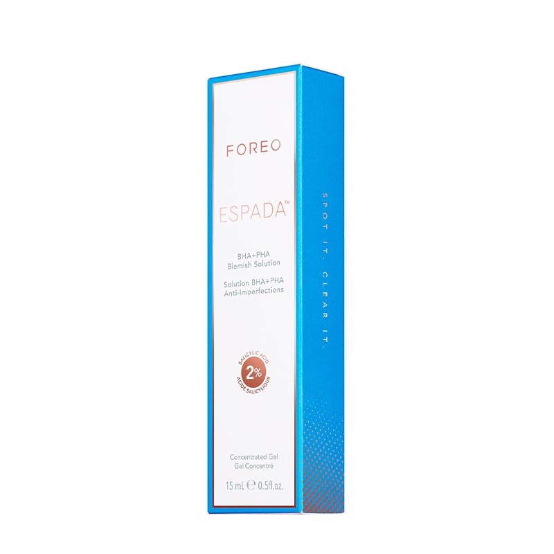 foreo | espada | BHA | PHA | blemish solution | lightweight | concentrated gel | | quickly targets | blemishes | surface | skin | formulated | 2% salicylic acid | espada™ | eliminate | existing spots | redness | blemishes | inflammation | clear | calm | dab | flawless skin | super ingredients | salicylic acid | witch hazel | niacinamide | tea tree oil | panthenol | moisturize | acne | radiant | effective | blue LED | cruelty free | vegan