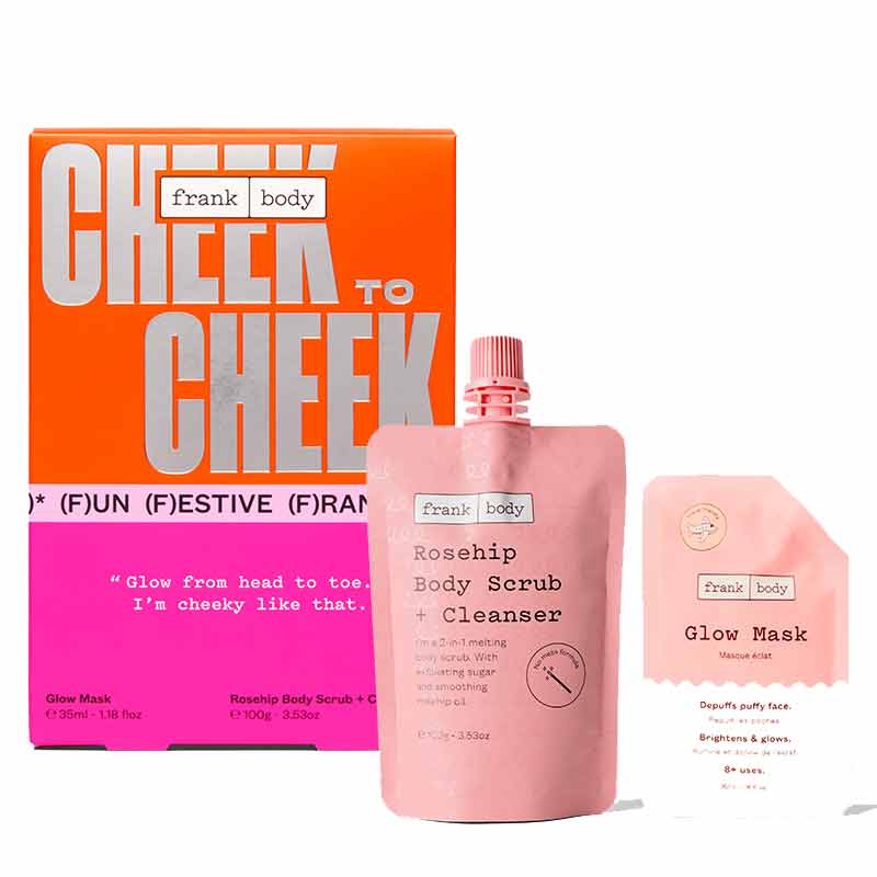 Frank Body | Cheek to Cheek | Gift Set | | melting | rosehip | body scrub | cleanser | ultra-hydrating | glow mask | hydrate | reduce puffiness | smooth | glowing | gift