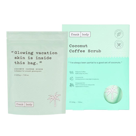 Frank Body Coconut Coffee Scrub | body scrub | skin | box | coffee | oils | exfoliate | nourish | coconut scent | Vegan | nut-free