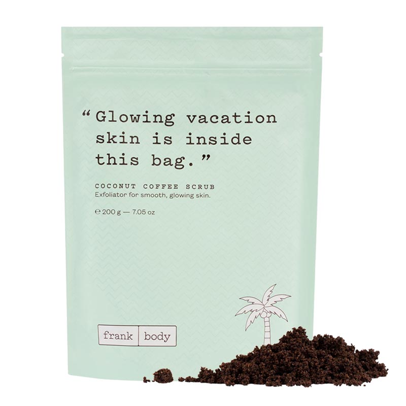 Frank Body Coconut Coffee Scrub | indulgent | body scrub | glowing | vacation | holiday | skin | year round | Vegan | nut-free | all natural | gentle | blend | coffee grinds | essential oils | exfoliate | nourish | coconut truffle scent